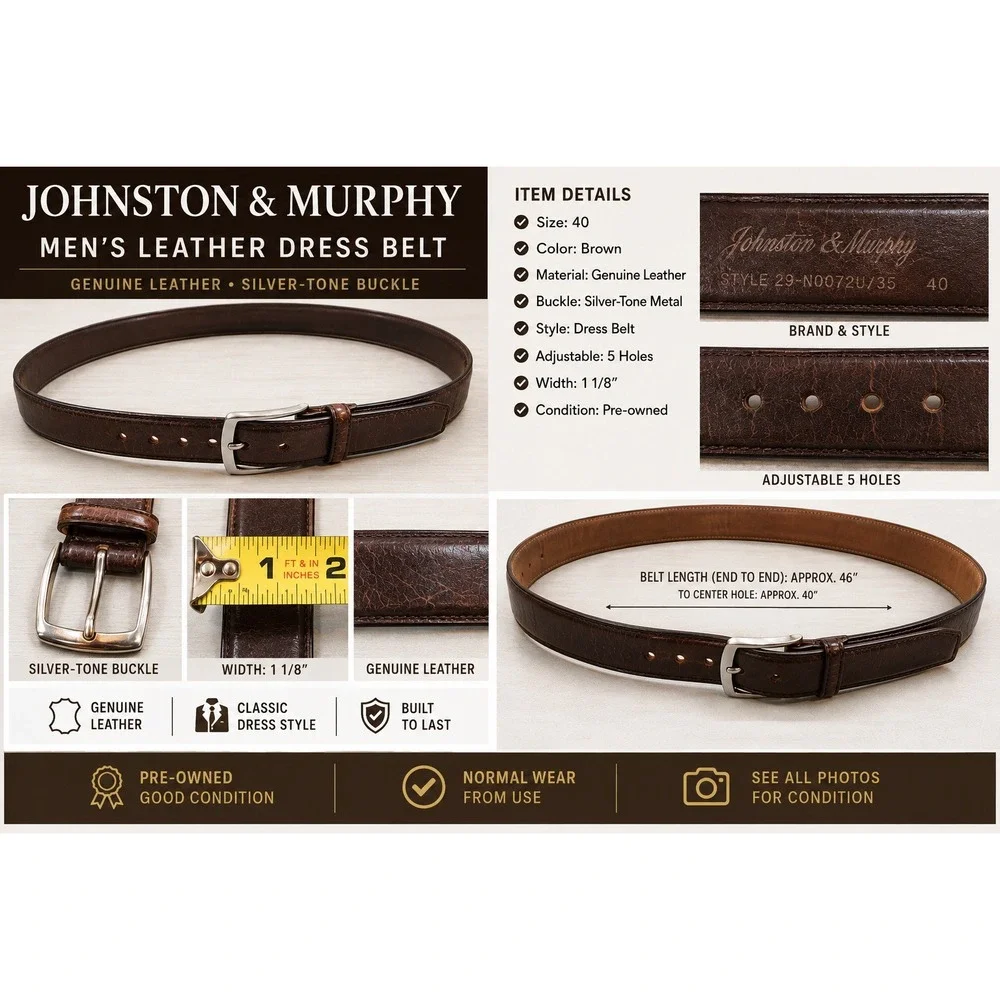 Johnston & Murphy Mens Brown Leather Dress Belt 40 Silver Buckle 29-N0072U/35
